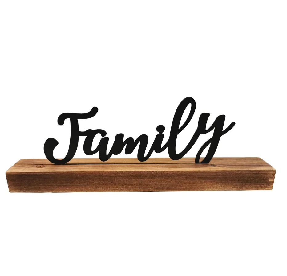 family tabletop standing metal word family table sign with