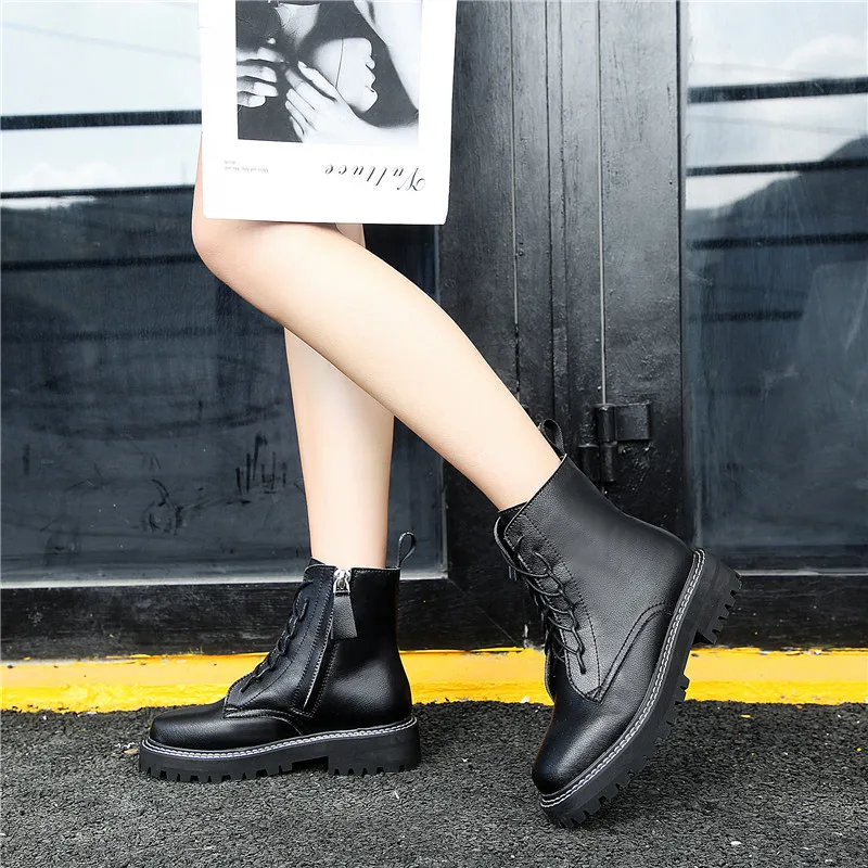 Custom Logo Plus Size Genuine Leather Women's Platform Ankle Boots Women Winter Warm Chunky Fashion Shoes