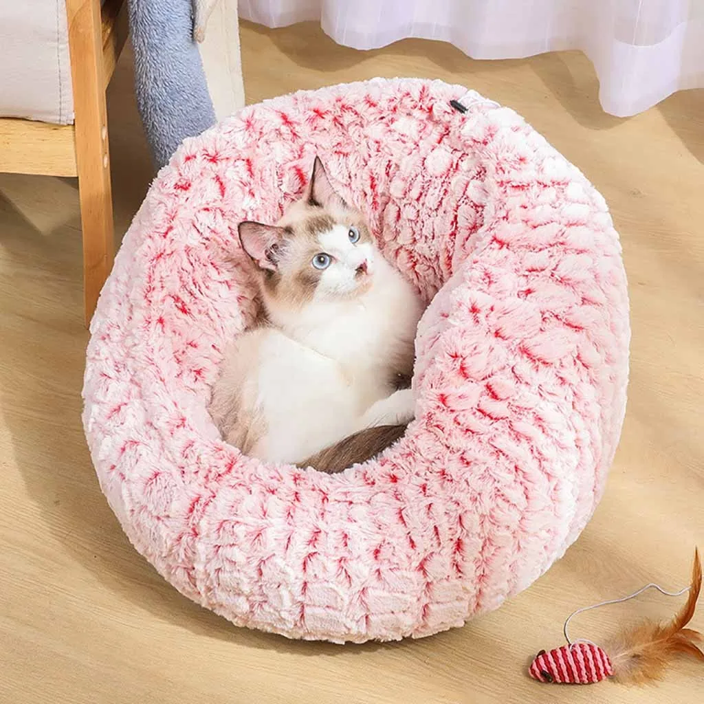 Dog Round Cat Winter Warm Sleeping Bag Long Plush Soft Pet Bed Calming Bed House Comfortable Cat Litter Sleeping Bed