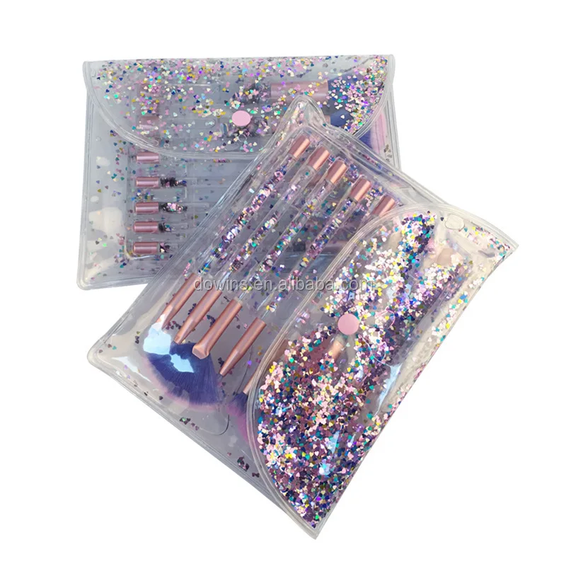 wholesale custom logo 7 pcs bling transparent rainbow DIY diamond crystal rhinestone makeup brush set with glitter pvc bag 