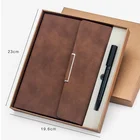 bulk personalized custom logo business corporate faux brown leather hard cover manufacturer notebook and pen gift set