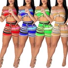 HIgh Fashion Sports Wear Striped Shorts Two Piece Slant-Shouldered Shorts in Nightclubs Sexy Women Jumpsuit