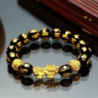 Black Jewelry Bracelet Black Obsidian Beads Wristband Jewelry Women Men Gold Brave Troops Pixiu Bracelet