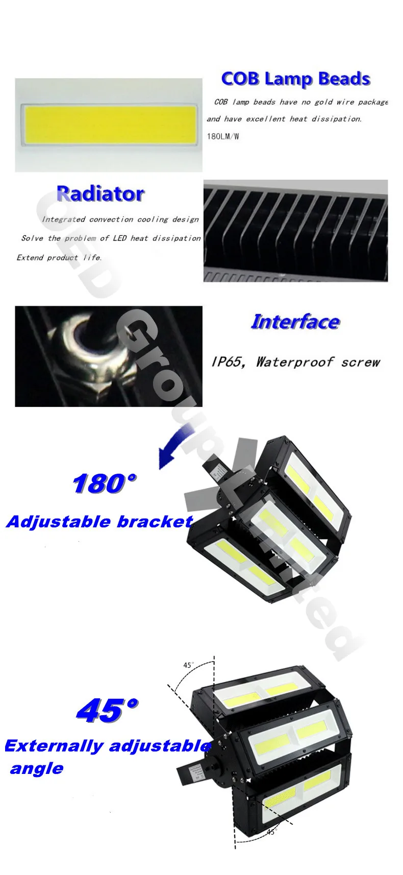 Adjustable beam angle IP67 module COB LED floodlight 100W for sport field lighting