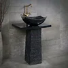 bathroom black square round granite sink with standing natural stone pedestal basin