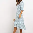 European And American Foreign Trade Printing V-neck Ruffled Half Sleeve Sweet Dress
