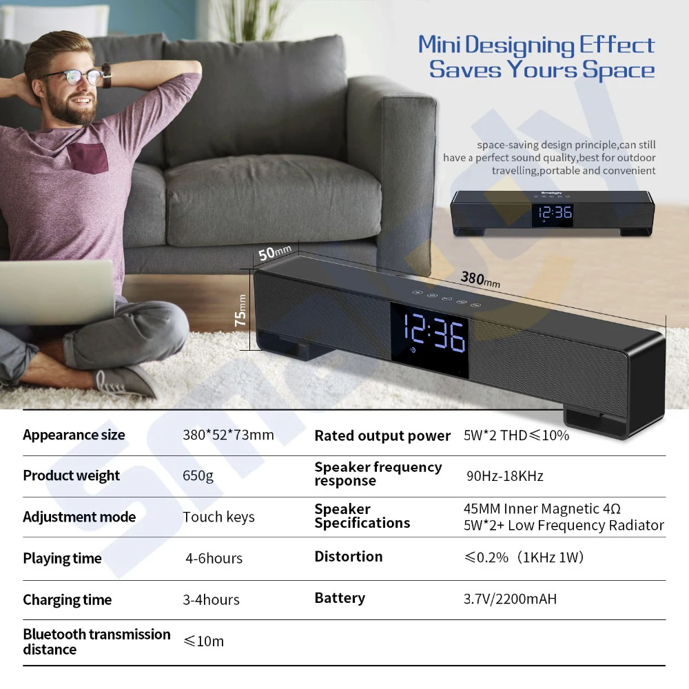 GAS-8010 Wireless Bluetooth Speaker Soundbar TV 10W Portable Mini Sound Box Music Loudspeaker Home theater Alarm AUX Radio FM - ANKUX.COM