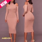 Wholesale Bulk Women's Clothing Fashion Knit Long Sleeve Sexy Cold Shoulder Women Bodycon Dress 2019