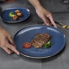 Mid east style senior deep blue bone China dishes, ceramic restaurant plates luxury plates16"shallow plate gold rim