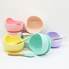 Wood Food Grade Non Spill Silicone Baby Suction Bowl With Wood Spoon Set For Kids