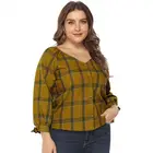 Autumn Army Green Plaid Long Sleeve V-Neck Casual Plus Size Women Blouse