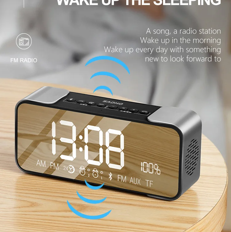 LED Alarm Clock with FM Radio Wireless Bluetooth Speaker Mirror Display Support Aux TF USB Music Player Wireless for Office Home - ANKUX.COM