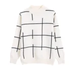 OEM women ladies Korean style stylish sweater pullover jumper Plaid Round neck short sweater