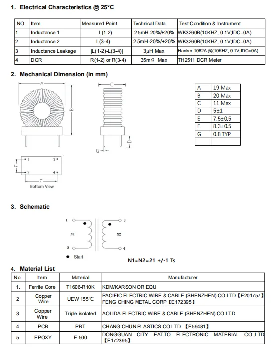 Inductance 2.5mH common-mode inductance for EMC