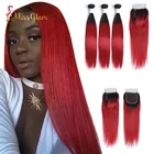 1B/39J red silky straight hair bundles with closure,raw virgin Brazilian human hair frontal closure with 3 bundles