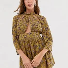 Hot selling long sleeve sexy A-line mini dress custom cut out floral print party dress
