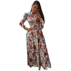 Women's Fashion Bohemian Long Sleeve Floral Print O neck Maxi Dress Beach Dress Vintage Dress