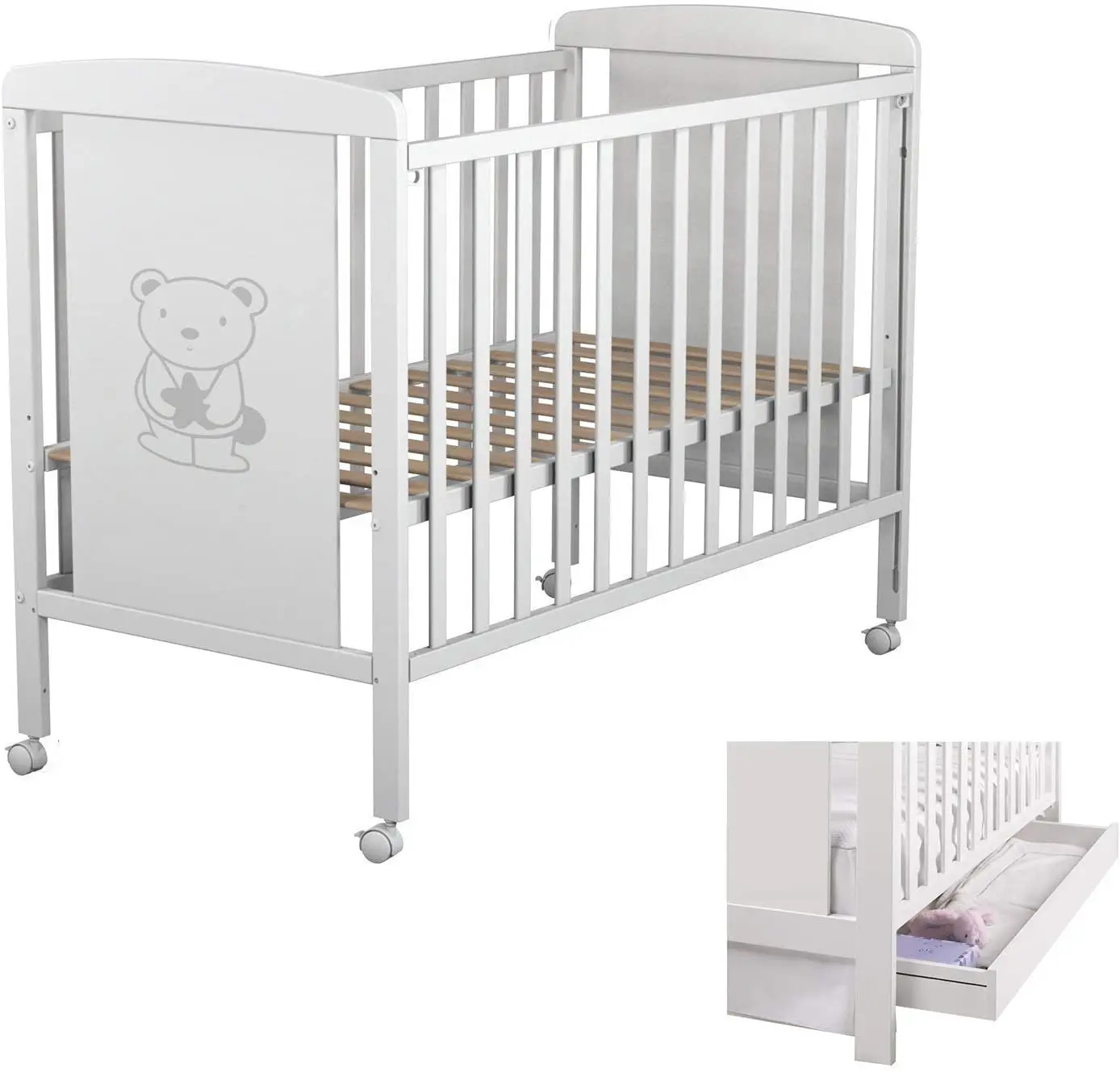 Factory Direct Selling Baby Crib with Drawer. Folding Side. White Color.