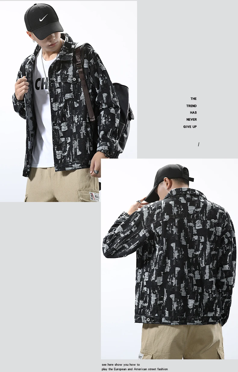 Wholesale New Design Men's Cotton Ripped Hole Jackets Long Sleeve Print Motorcycle Jacket Mens Denim Jacket