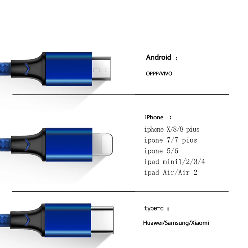 Factory wholesale 3 in 1 cable 5V2.1A micro usb cable for adroid charger cable - ANKUX.COM