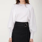 Autumn cotton lantern sleeve round neck white top blouse