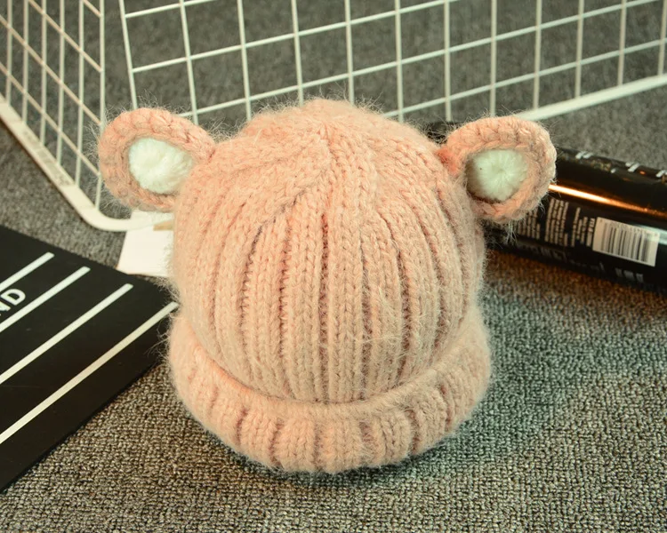 Wool Yarn Skullies Beanie Knitted Hat Cap Earmuffs Kids Winter Hat Lovely Cat Ears Baby Hat EA048