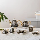 Unique black marble gold rim new bone coffee cup and saucer 15pcs ceramic tea set