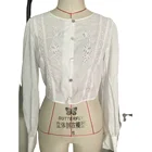 Womens cotton crew neck long sleeves floral embroidery white shirt with lace trims
