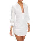 2020 New Arrivals Women Office Lady Turn Down Collar Ruched Side Short Casual Black and White Summer Sexy Shirt Dress