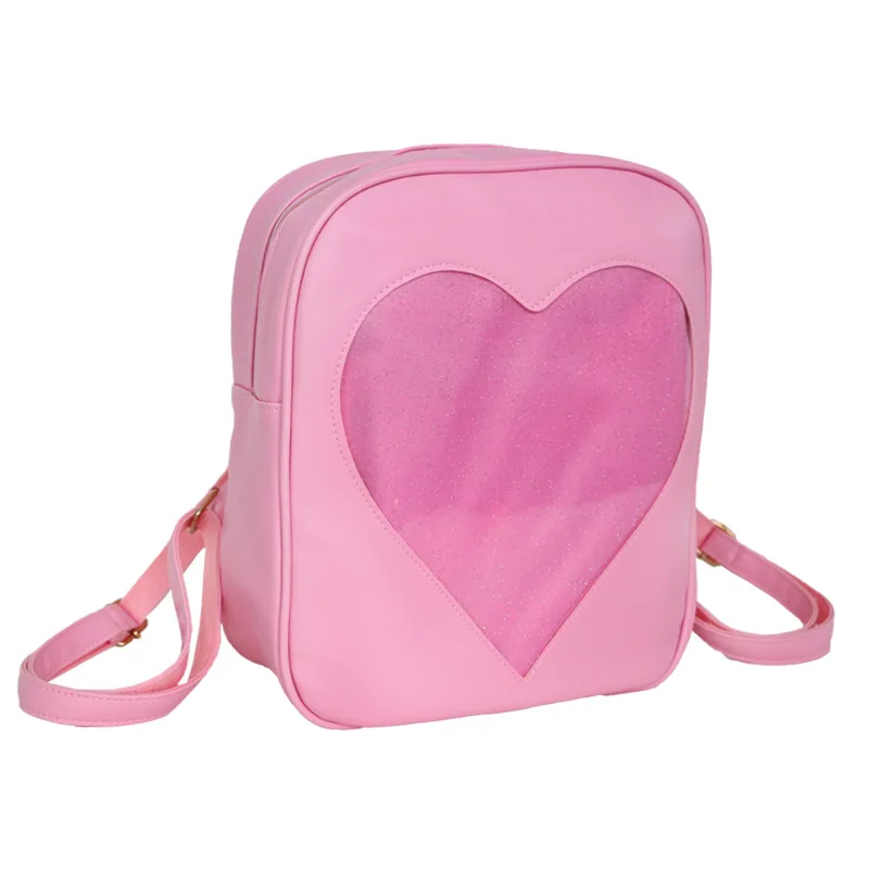 Custom Pink Teens Girls Candy PU Leather Love Heart Shape Window Clear Ita Bag Backpack 