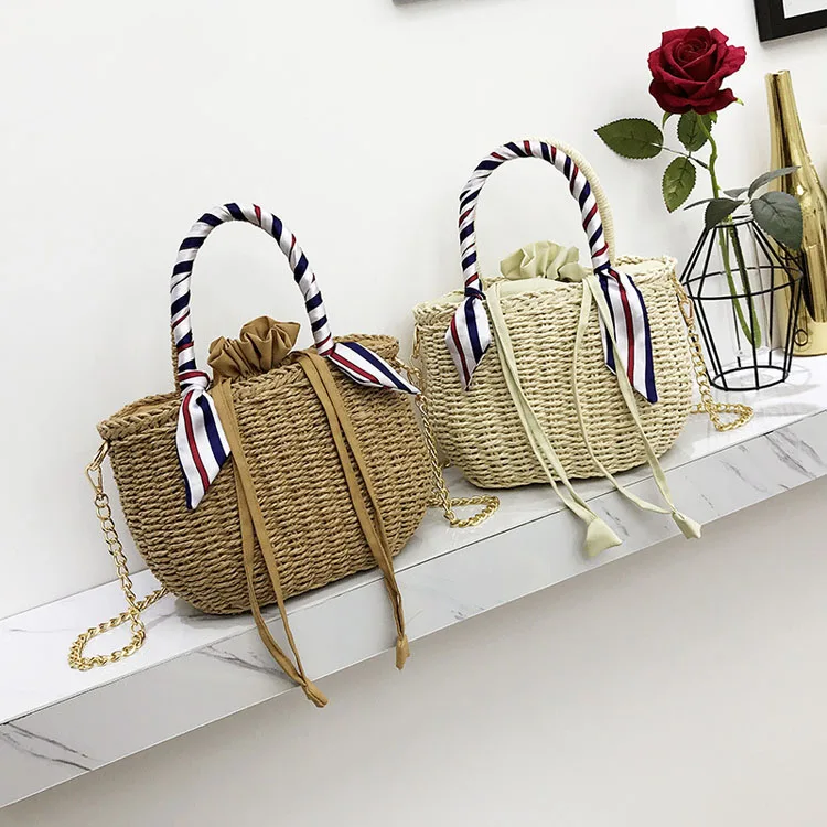 women bag natural straw drawstring bag women ribbon beach scarf