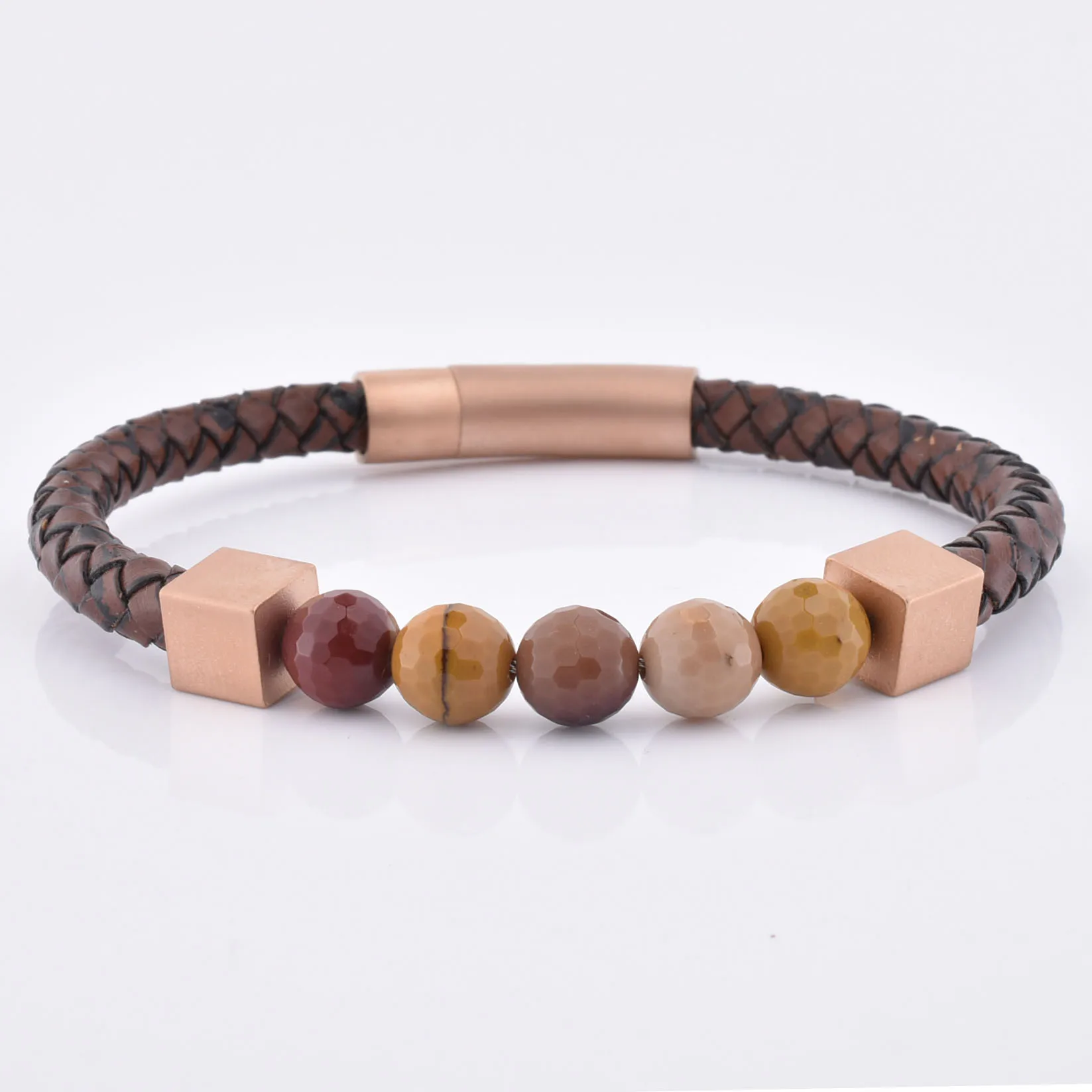 Unique Men Stainless Steel Custom Logo Name Matt Onxy Bead Brown Leather Bracelet