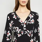 2020 New Arrival Summer casual Black Floral Long Sleeve V neck Button Down Midi Dress