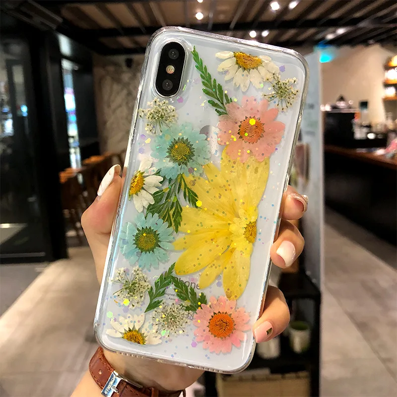 Shockproof Mobile Accessories  Epoxy 3D Dry Dried Real Flower Acrylic Back Phone cover Case