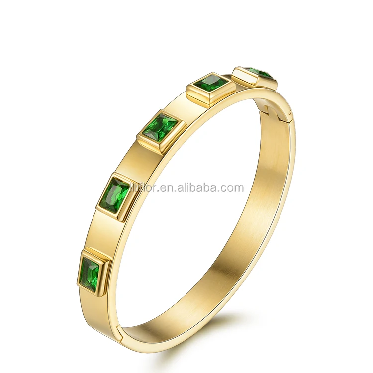 High Quality 18K Gold Plated Stainless Steel Jewelry Square Green Zircon Crystal Bracelets DB172001