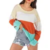 Women loose knit oversized colorful stripe pullover sweater