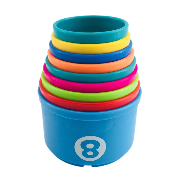 PP plastic 9 piece round shape building tower number and letters multicolour nesting stacking cups baby set toys for bath time