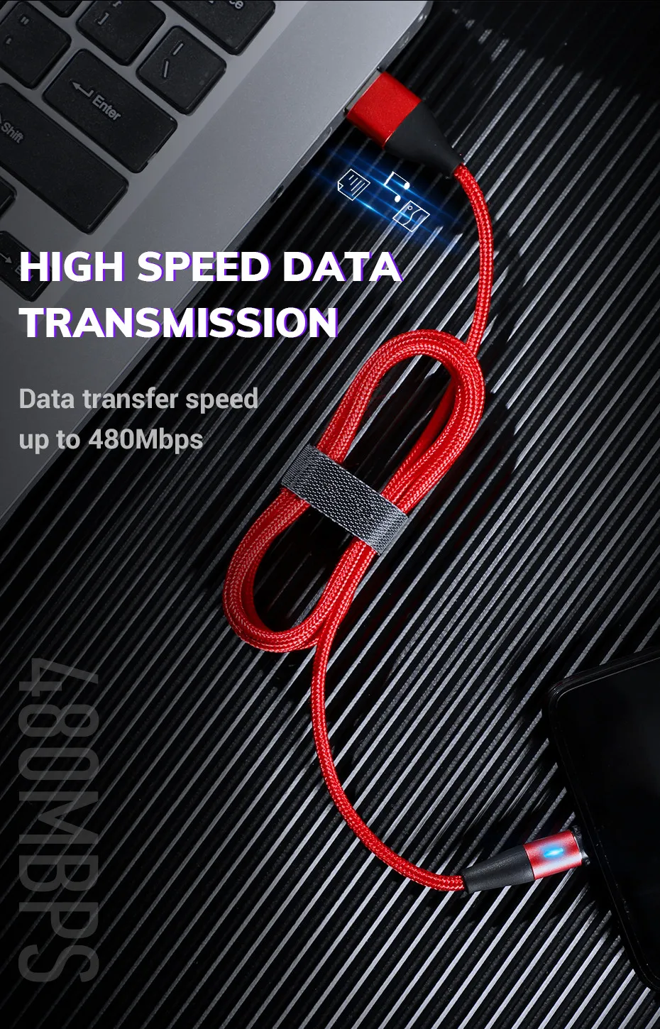 QC3.0 LED Magnetic Fast Charging Cable Data Sync 3A Magnet USB Charger for iPhone Micro USB Type C - ANKUX.COM