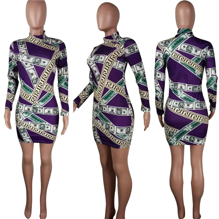 A090437 wholesale price slimming pattern print wrap hip long sleeve women fashion purple mini dress