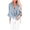 OEM plus size loose casual roll up sleeve tie knot button down tops blouses long sleeve casual shirt for women