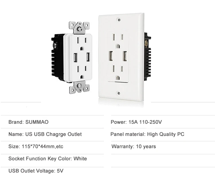 American/Canada US plug 15A/125V electric with 2 USB 2.1A charging ports wall socket