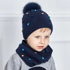 MOQ 1Piece baby winter hat and scarf real fur pom hat