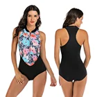 Pink-blue one-piece tank bikini with small round collar and half zip to slim waist windsurfing bikini