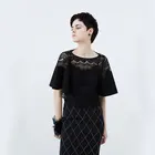 Fashion Lace Stitching Plain Black Shirt Women