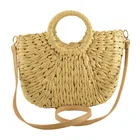 Pu leather strap paper straw handbag straw tote bag 100% handmade straw bag for the summer