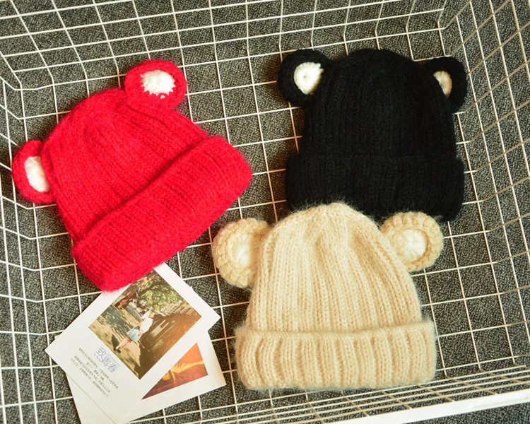 Wool Yarn Skullies Beanie Knitted Hat Cap Earmuffs Kids Winter Hat Lovely Cat Ears Baby Hat EA048