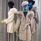 korean Style ladies Cashmere Wool Coat with Real Fox Fur Collar winter Wool coats Women