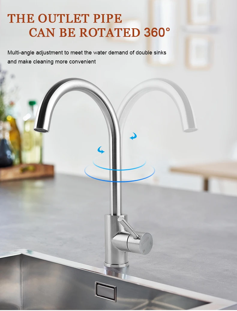 GuangDong Manufacture Deck Mounted SUS 304 Stainless Steel Faucet  Kitchen Sink Tap with Brushed Surface