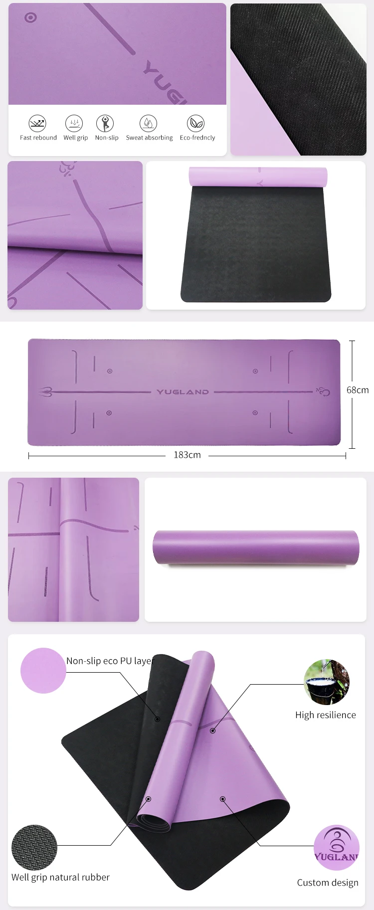yugland new hot sale custom no slip thick eco friendly natural rubber yogo mat, yoga mat printed