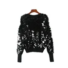 Custom Fancy Ladies Jumper Knit Pullover Sweater Big Sequins Emb Knitted Jumper Quilted Pullover Women Sweater
